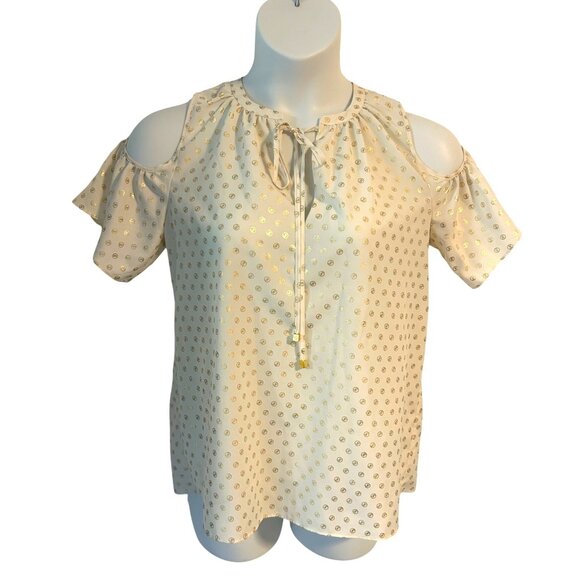 Michael Kors Cold Shoulder Blouse Shirt Top Gold Logo Polka Dot Print Size Small - Picture 1 of 6